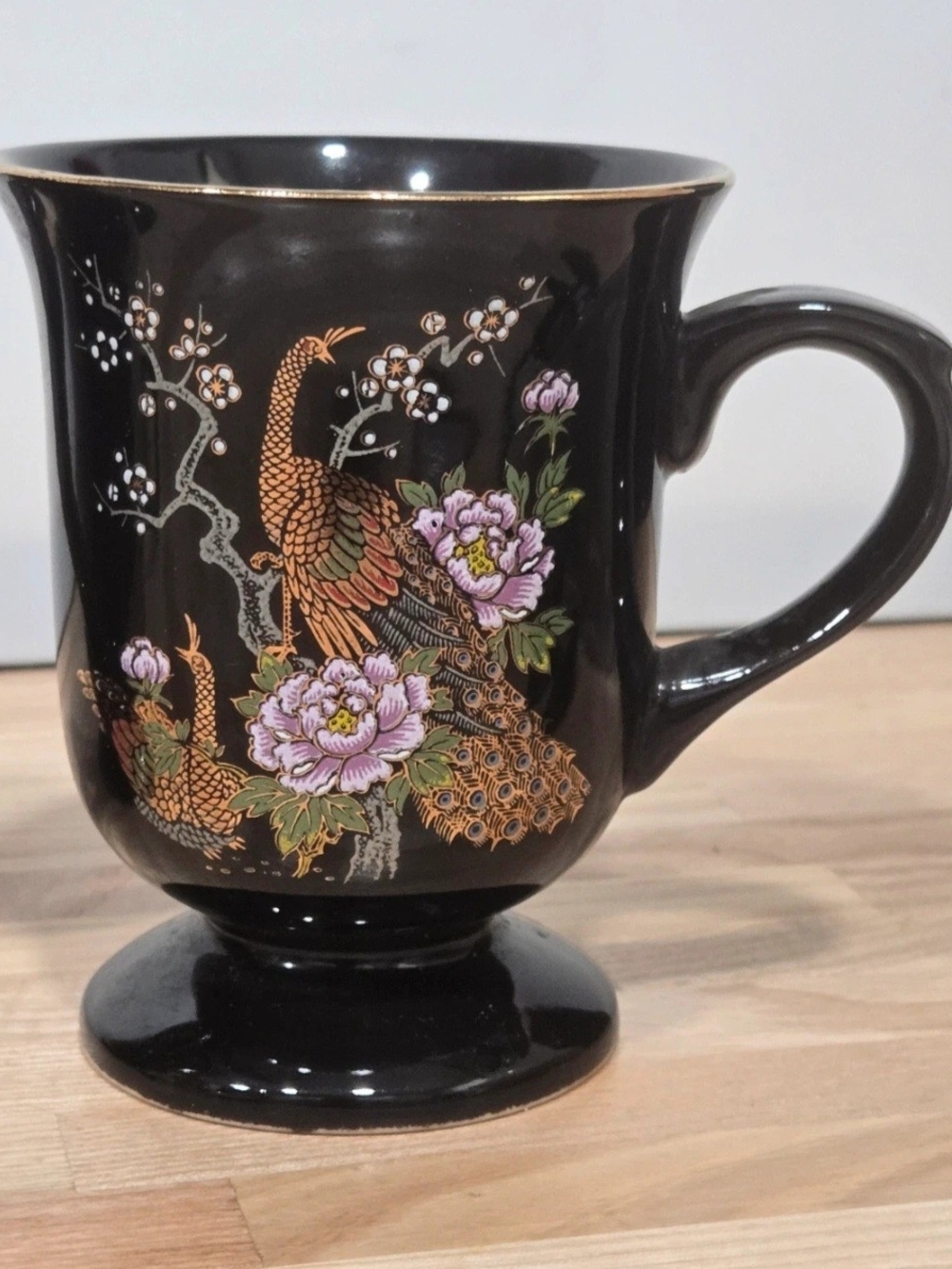 Vintage Y-China Japan Black & Gold Peacock Footed Coffee Mugs (Set of 2)